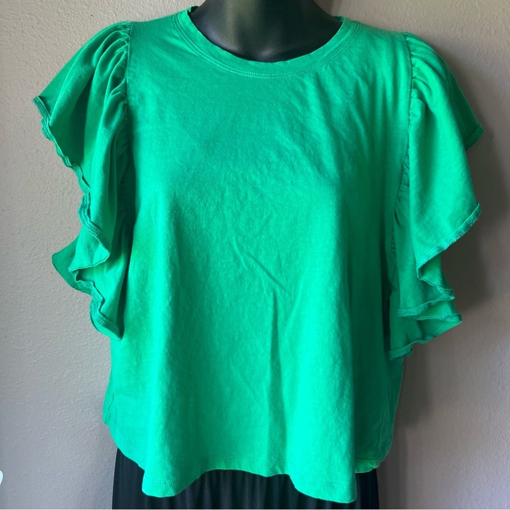 Zara Green Flutter Sleeve Blouse with Ruffled Details- Medium